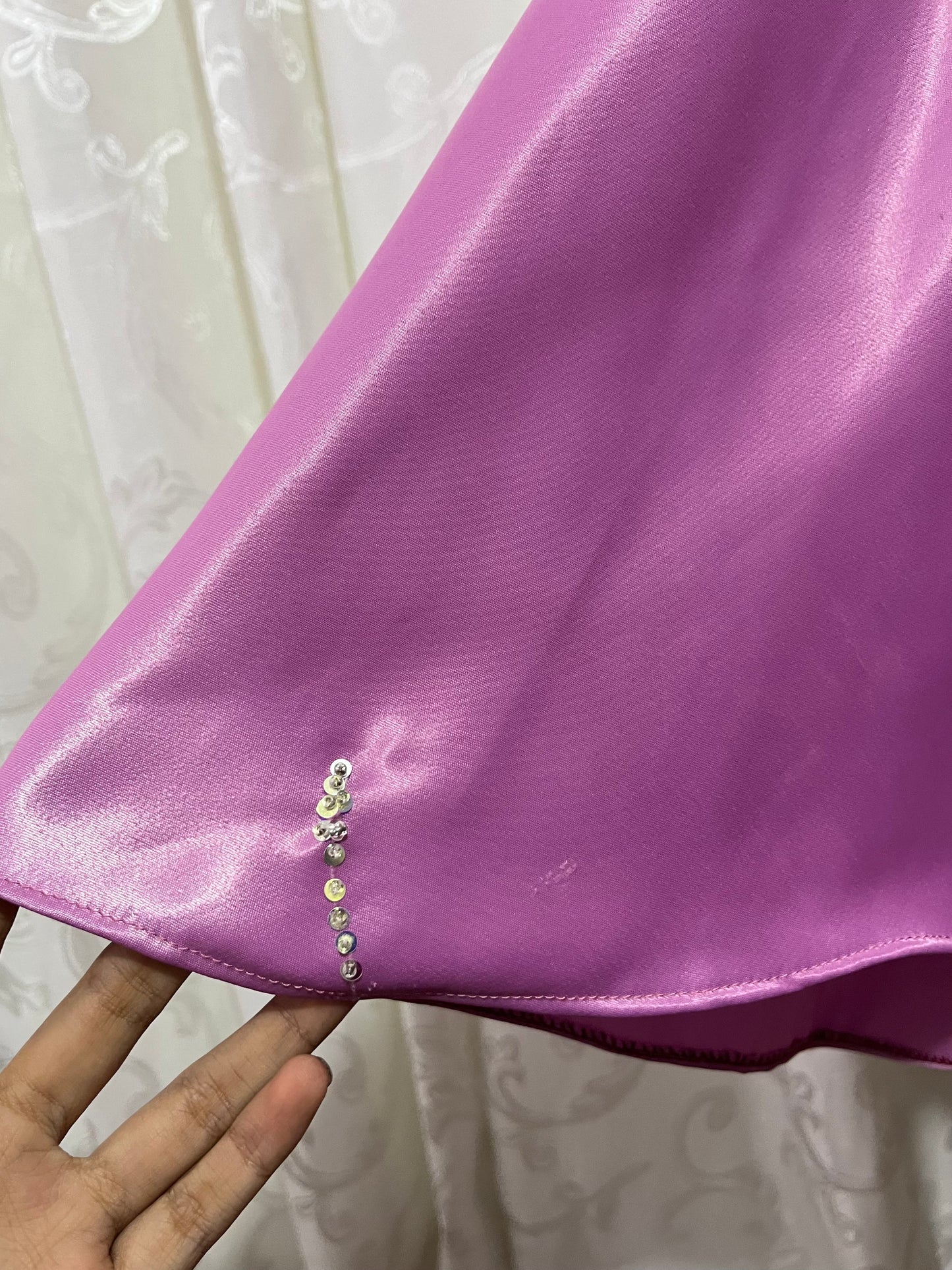 Asymmetrical midi corset dress in lilac pink satin with rhinestone and bead embroidery- size S