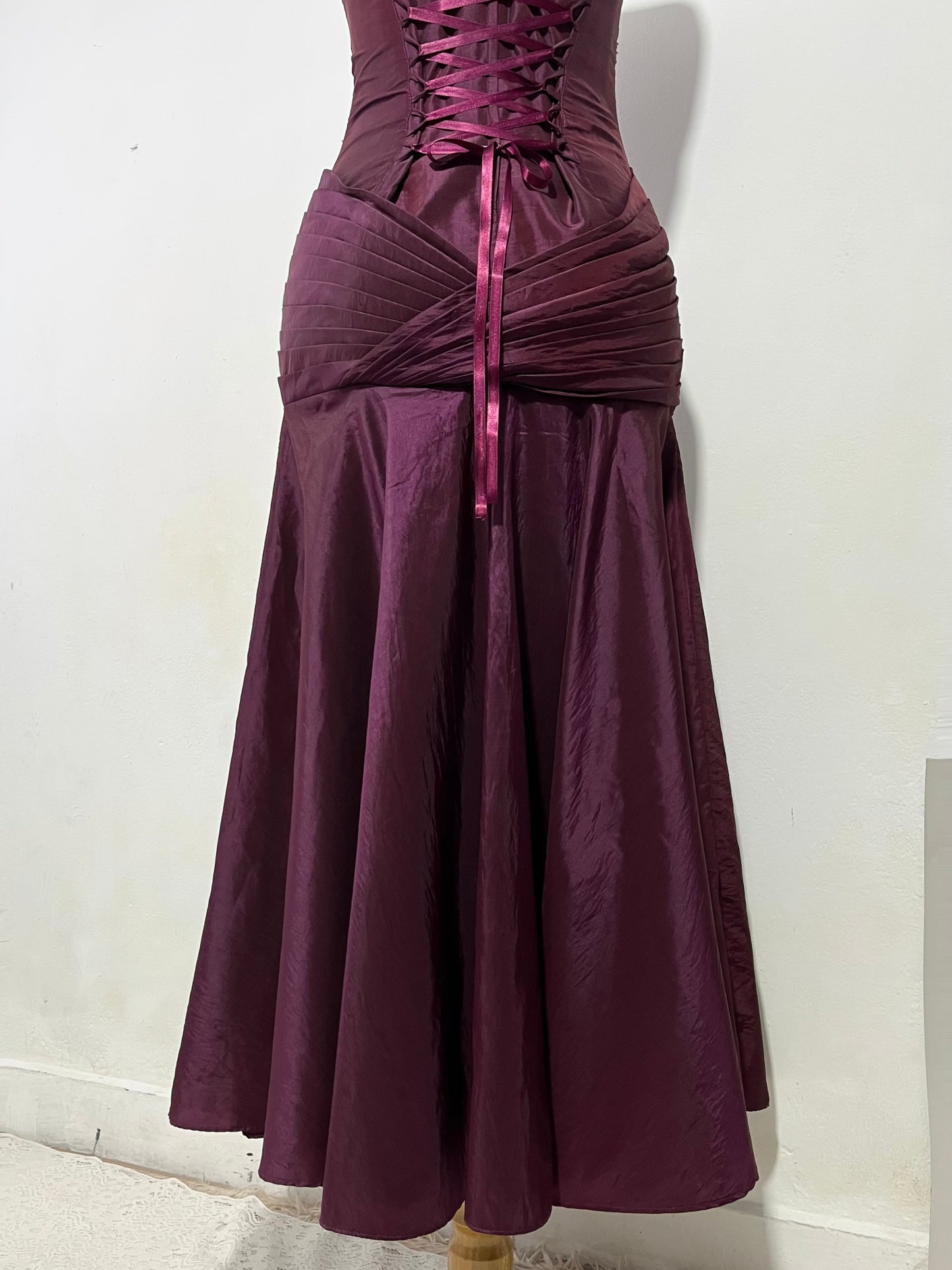 Iridescent wine purple taffeta corset dress with rhinestones and embroidered sequins- size M/L