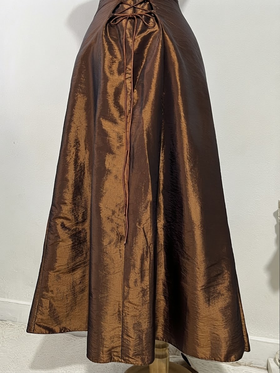 Vintage copper brown taffeta evening dress with bead embroidery, rhinestones and embellishments-size S/M