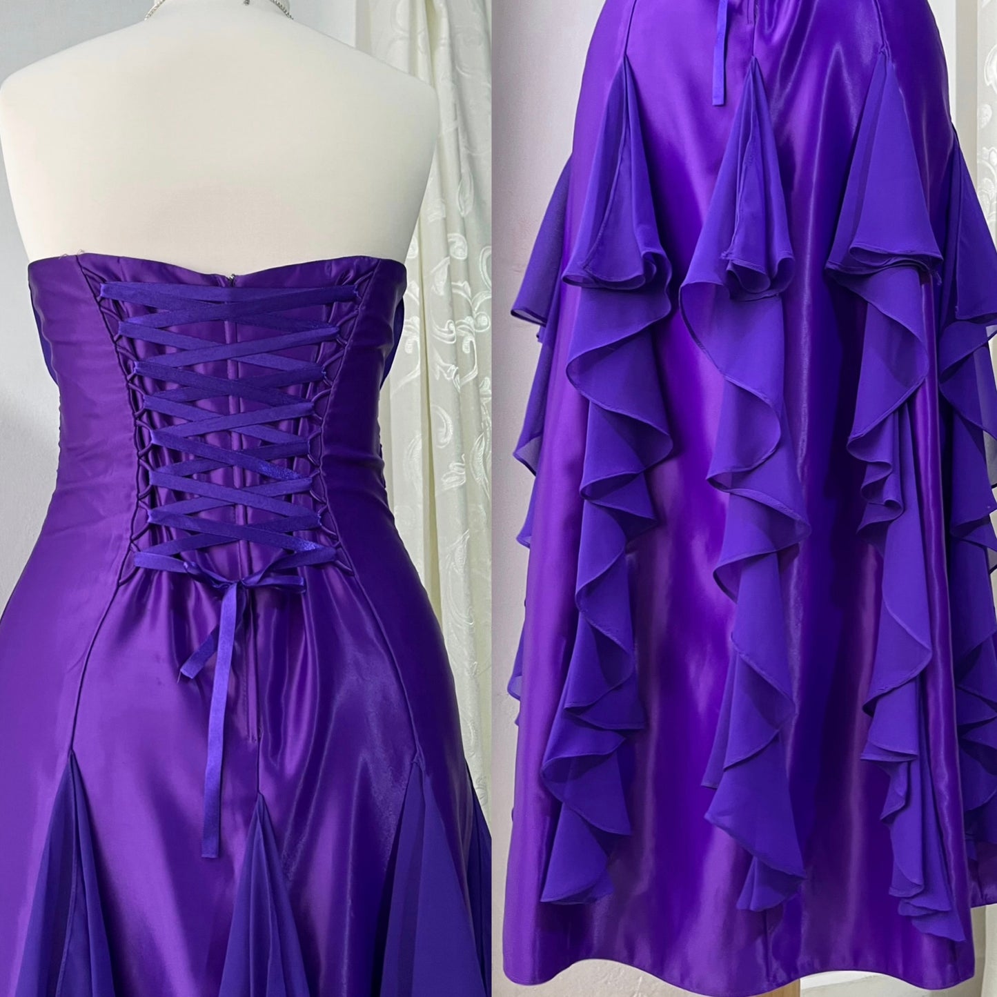 Royal purple corset gown with ruffles