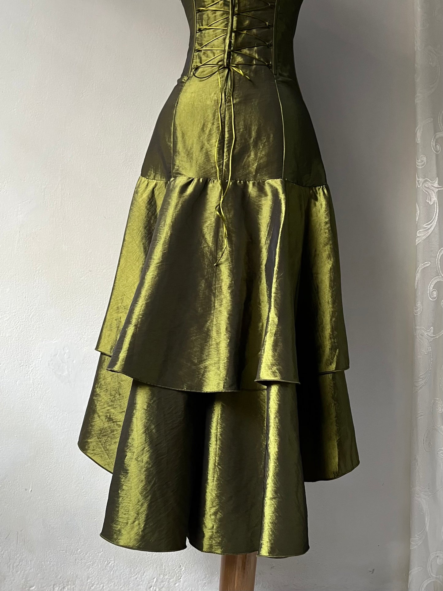 Iridescent taffeta green corset dress with exquisite hand embroidery of sequins and rhinestones- size S