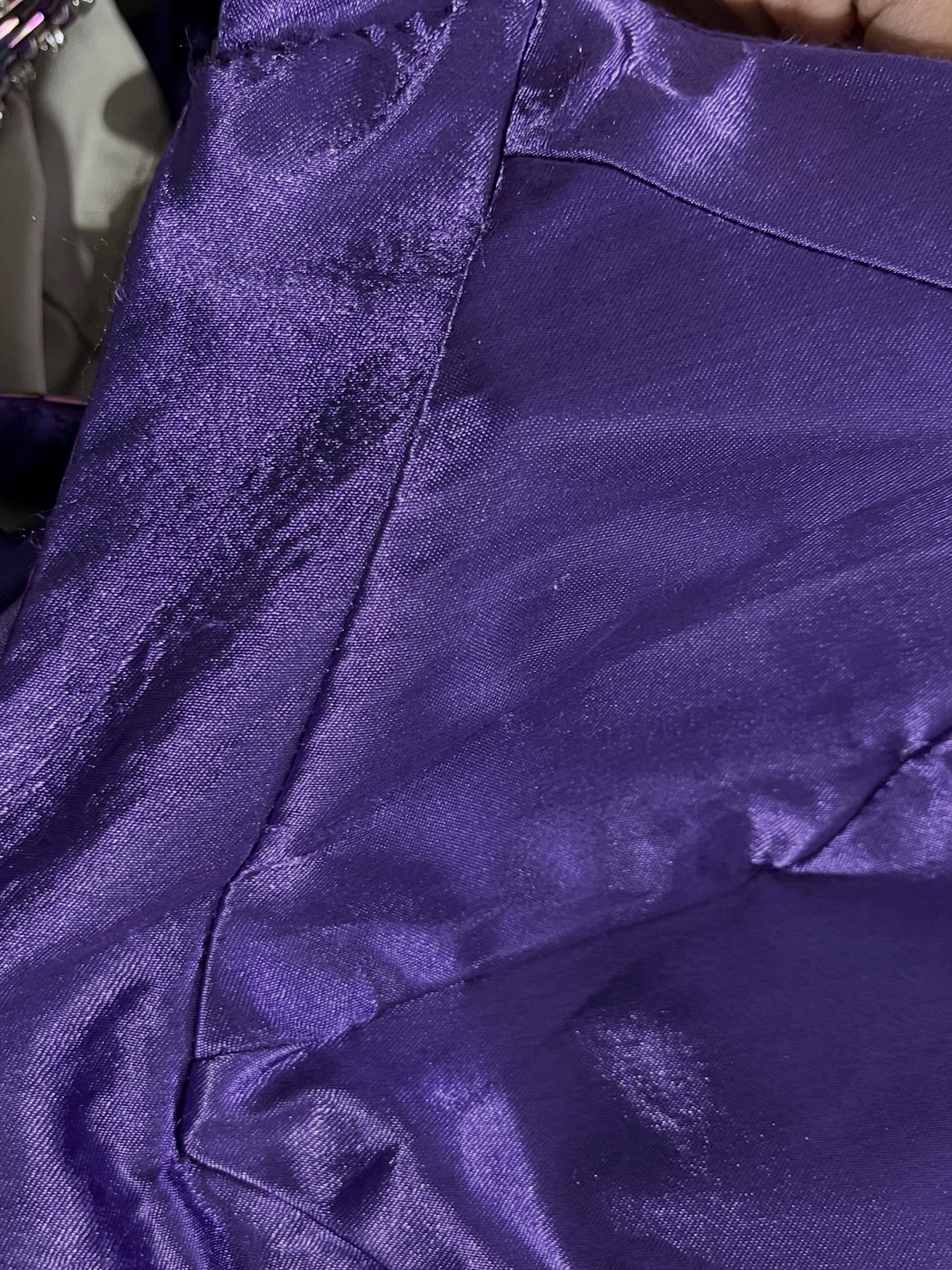 Gown in purple gradient chiffon with rhinestone appliqués at the waist and neckline