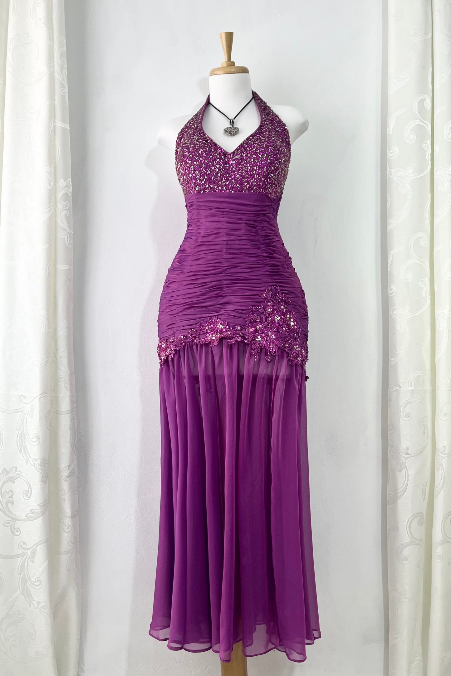 Purple corset dress with embroidered sequin and floral designs-one size: Fits S/M