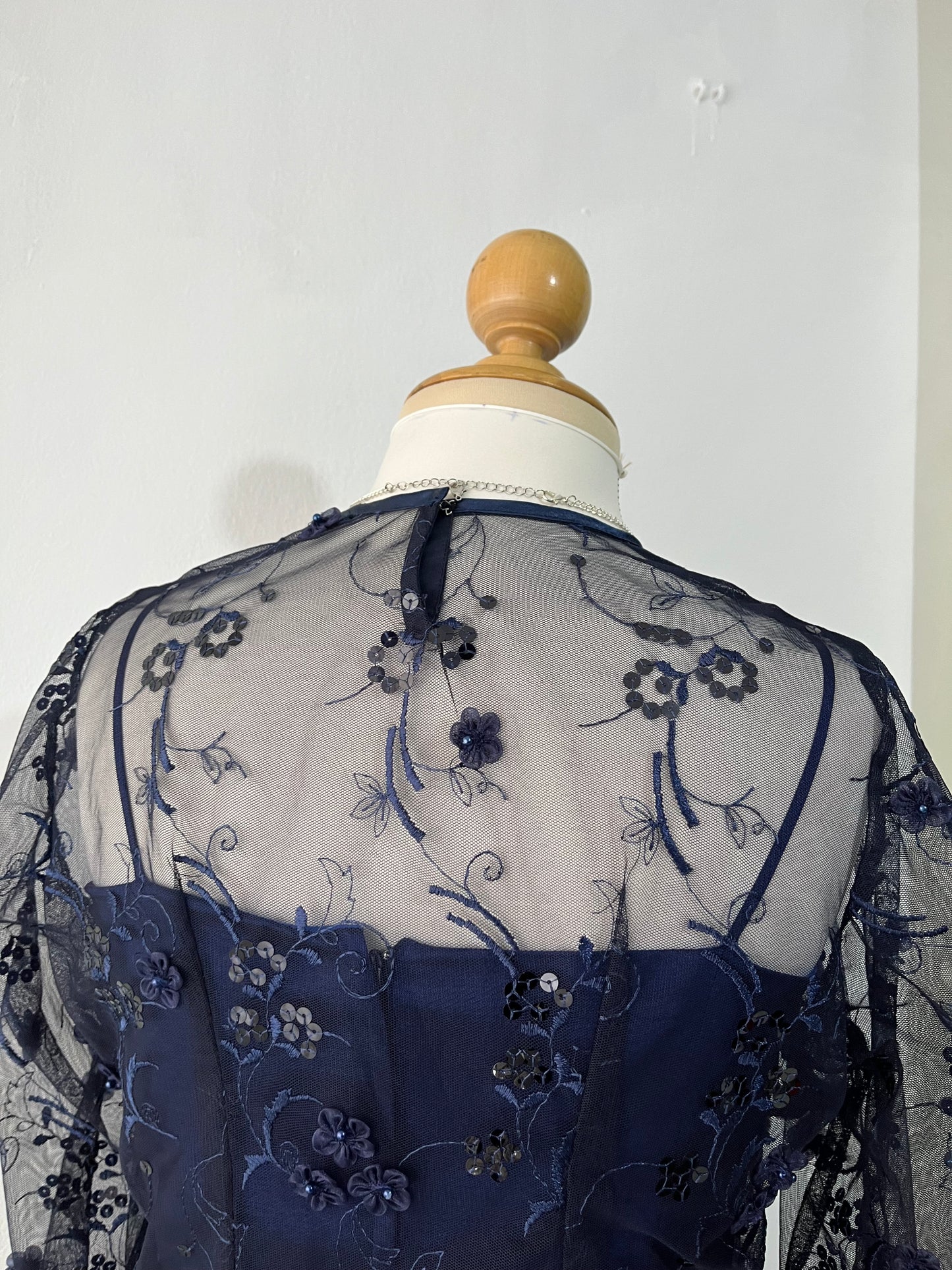 Captivating deep navy blue gown + Mesh cape with embroidery designs- Size M