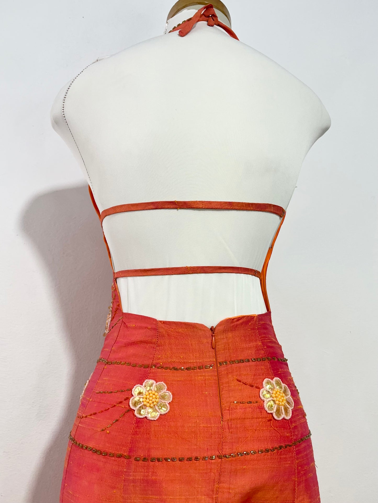 Vintage iridescent halter dress in silk shantung with rhinestone, sequin, and embellishment embroidery- size XS