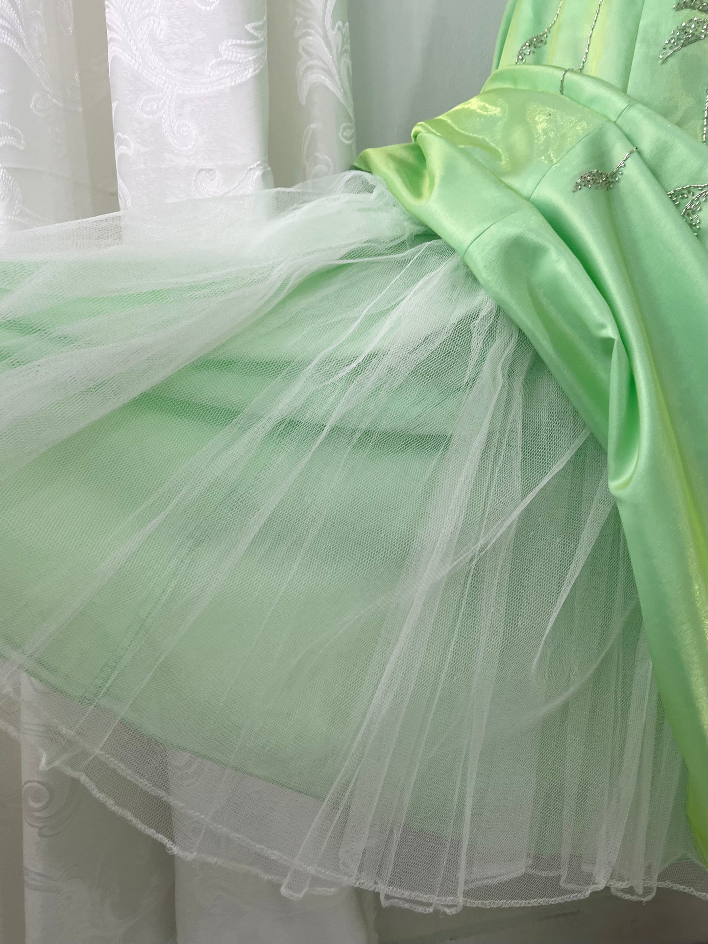 Corset gown dress in a vibrant pistachio green with exquisite handmade raised floral embroidery