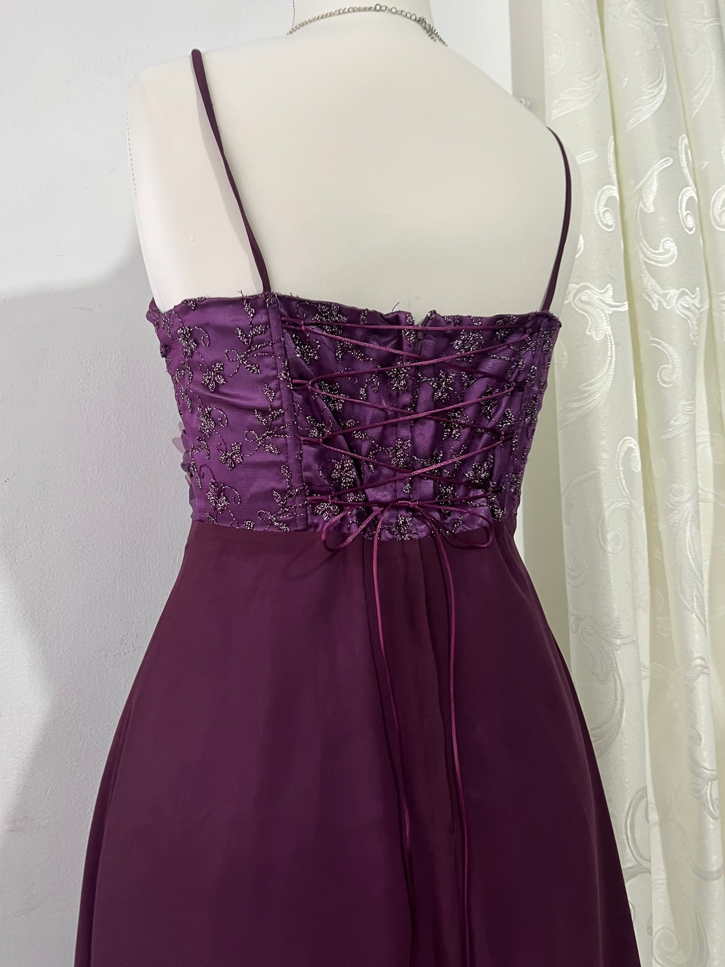 Royal purple corset dress with dangling embellishments and lace - size M