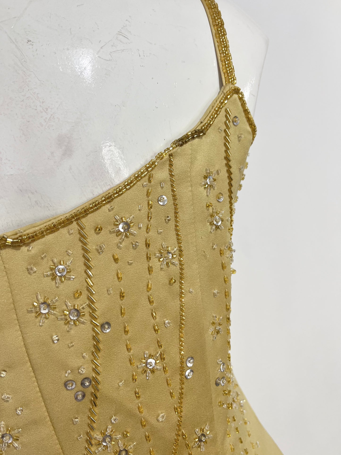 Champagne evening dress with exquisite handmade floral embroidery- size S