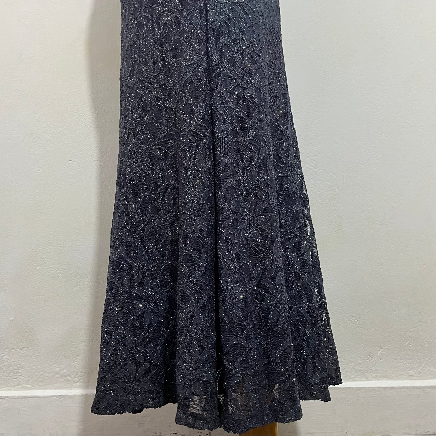 Lace maxi dress with silver appliqués, mermaid cut, beaded embroidery on the bodice, and a side slit- size S