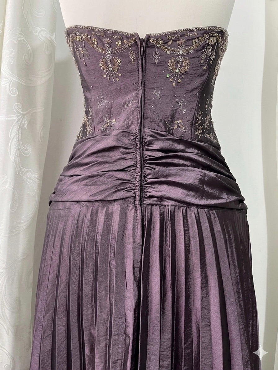 Vintage taffeta evening corset dress with hand embroidered embellishments and rhinestones