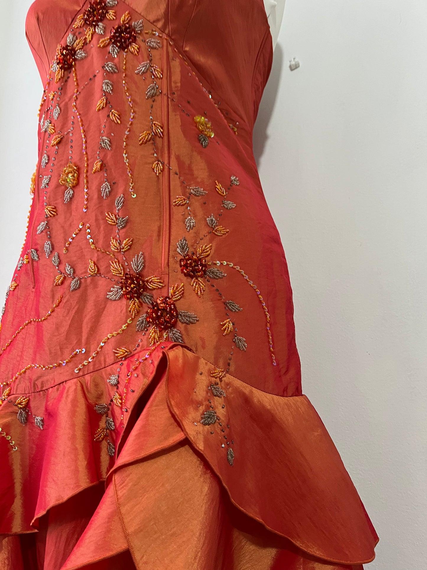 Amber taffeta corset dress decorated with exquisite hand-embroidered beads-size L