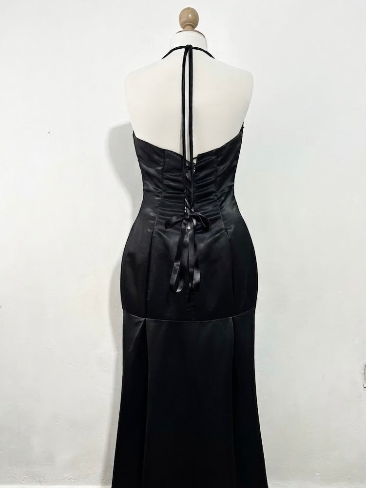 Noir silk satin halter corset dress with exquisite rhinestone embroidery- size L/XL