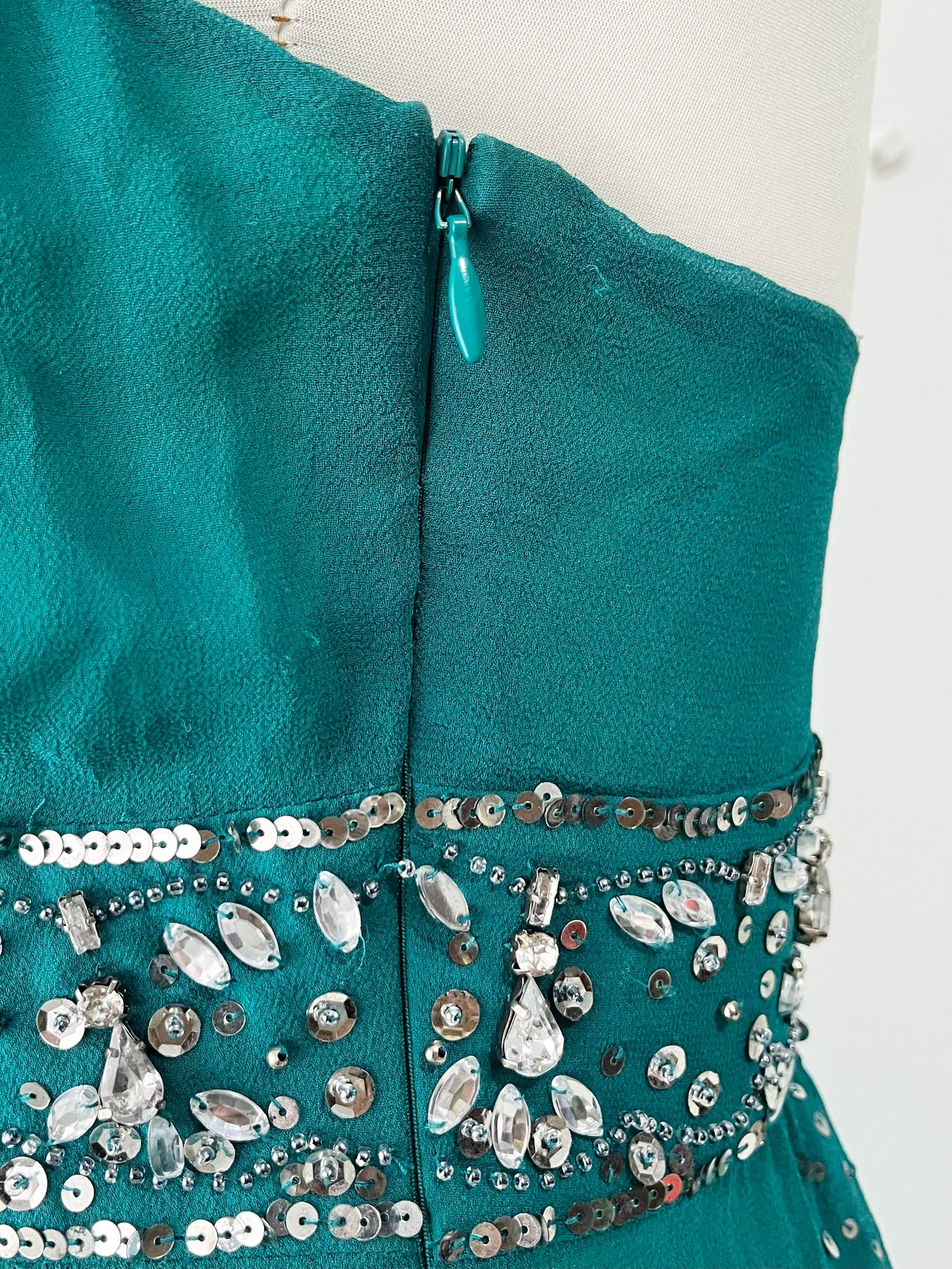 Teal silk dress with hand-embroidered sequins and rhinestones-one size: M