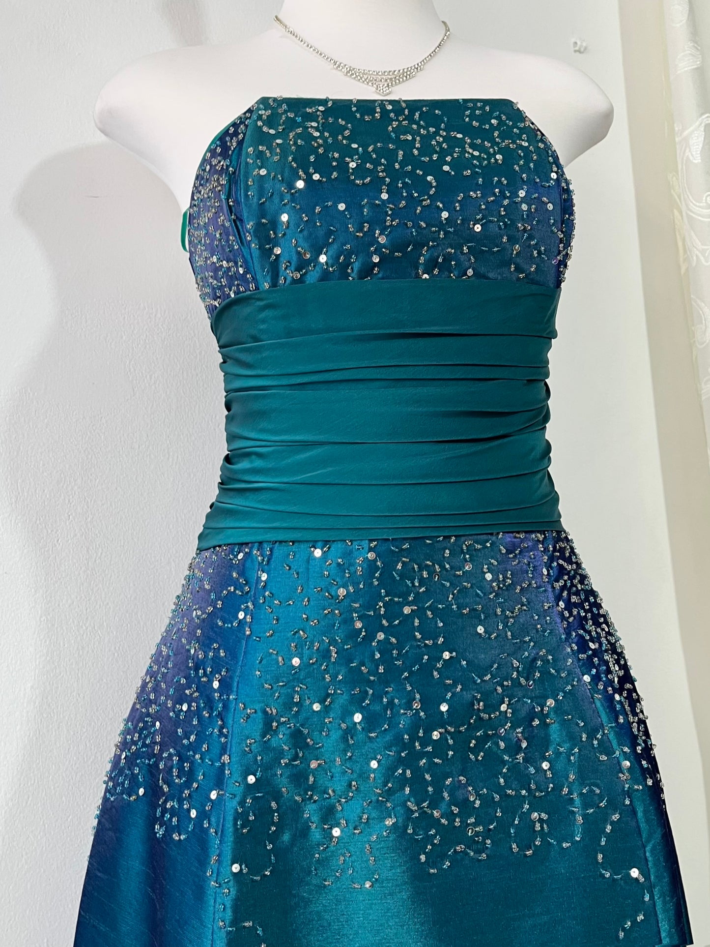 Iridescent teal corset dress with exquisite embellishments and hand-embroidered beads+ matching shawl