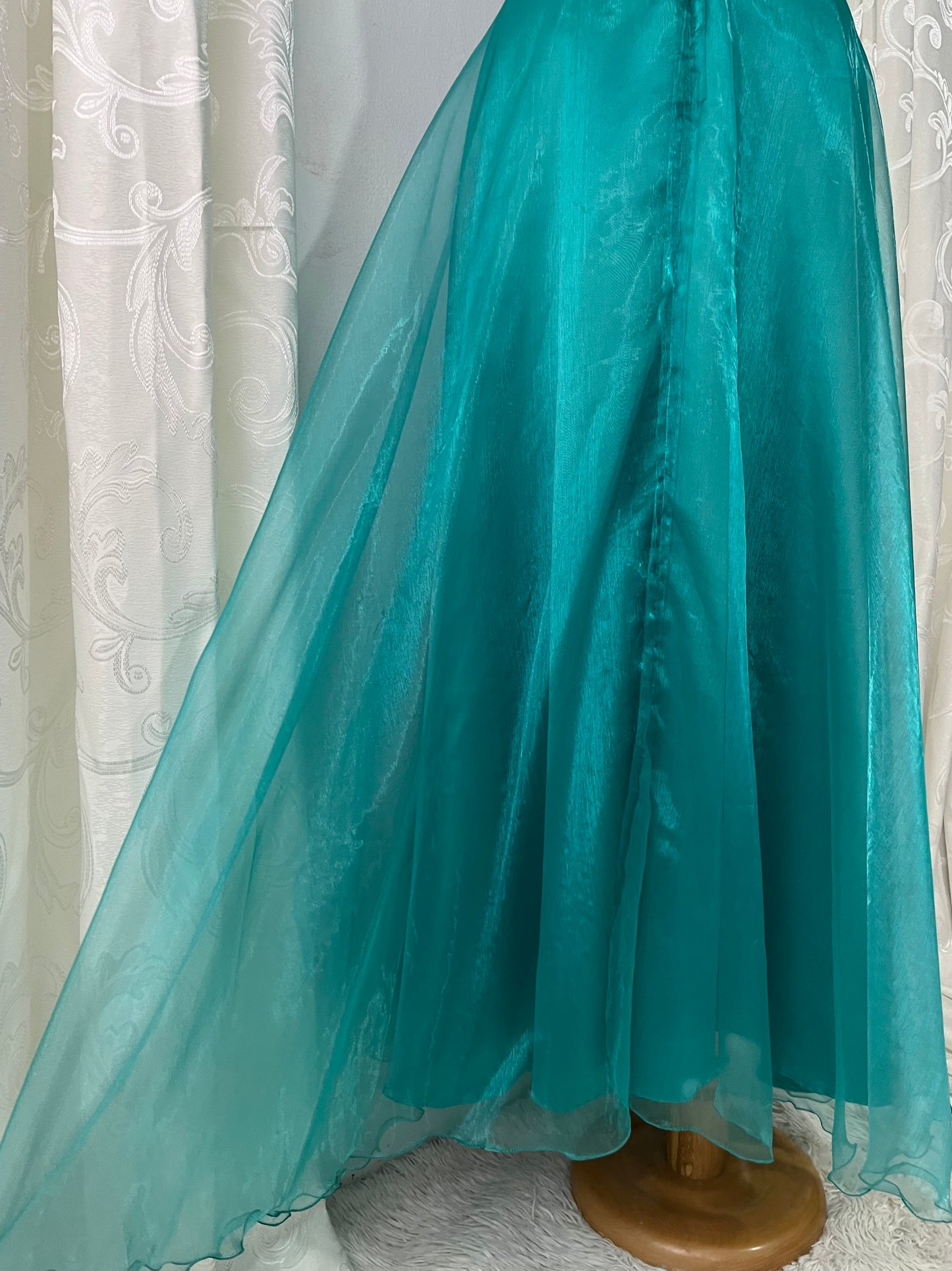 Turquoise dress with sequined waistband and matchinf cape