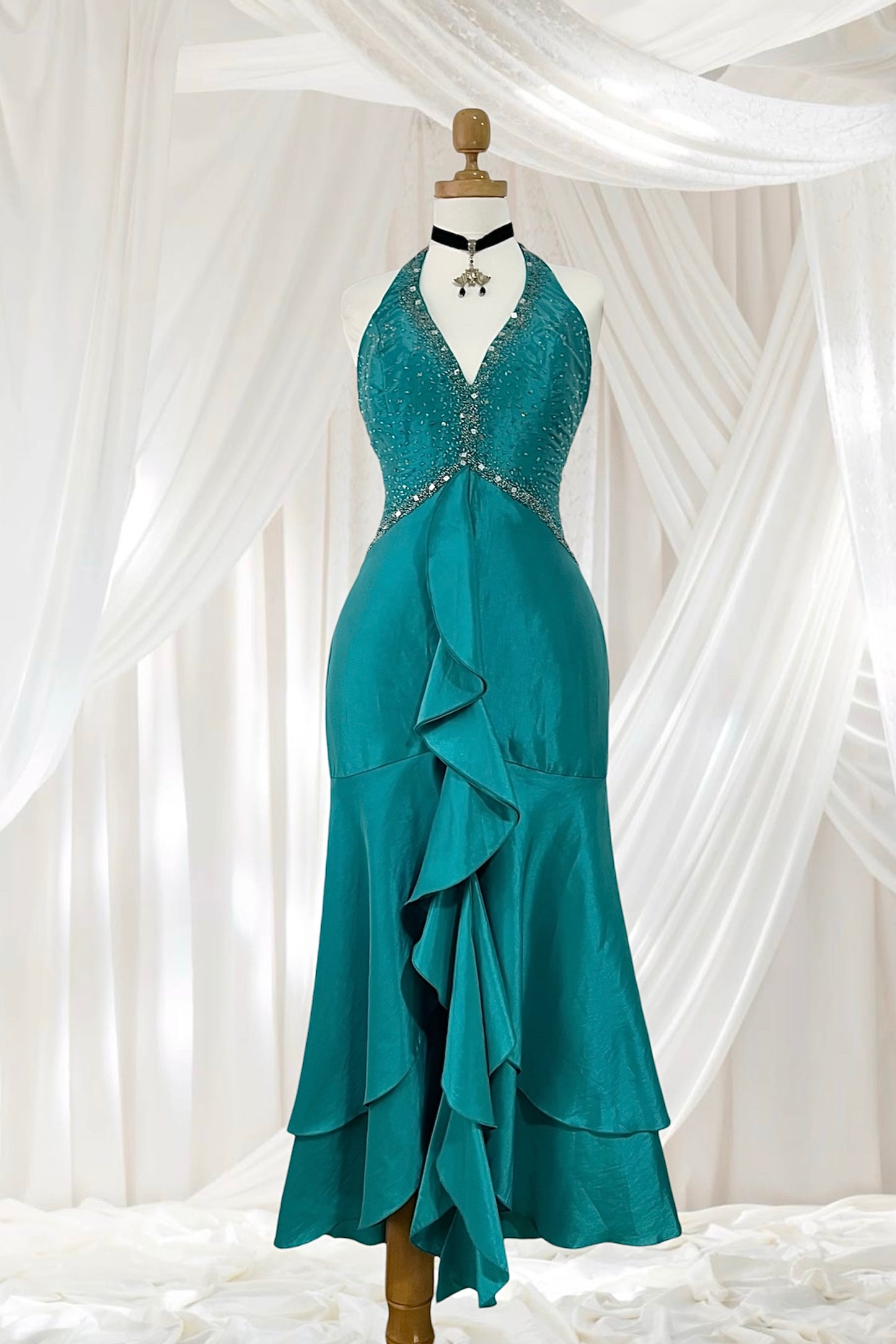 Teal mermaid style corset dress with hand embroidered rhinestones and beads-size S