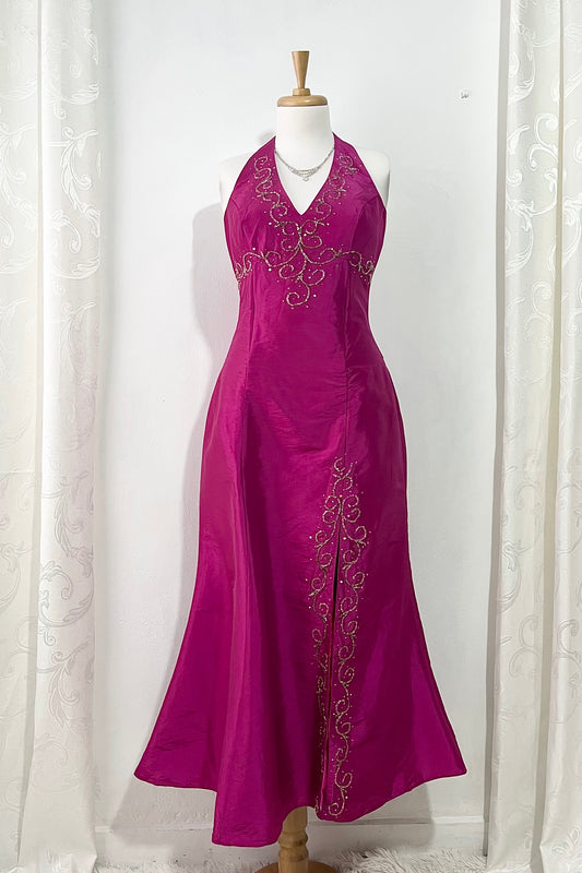 Fuchsia corset dress with exquisite hand-sewn beadwork