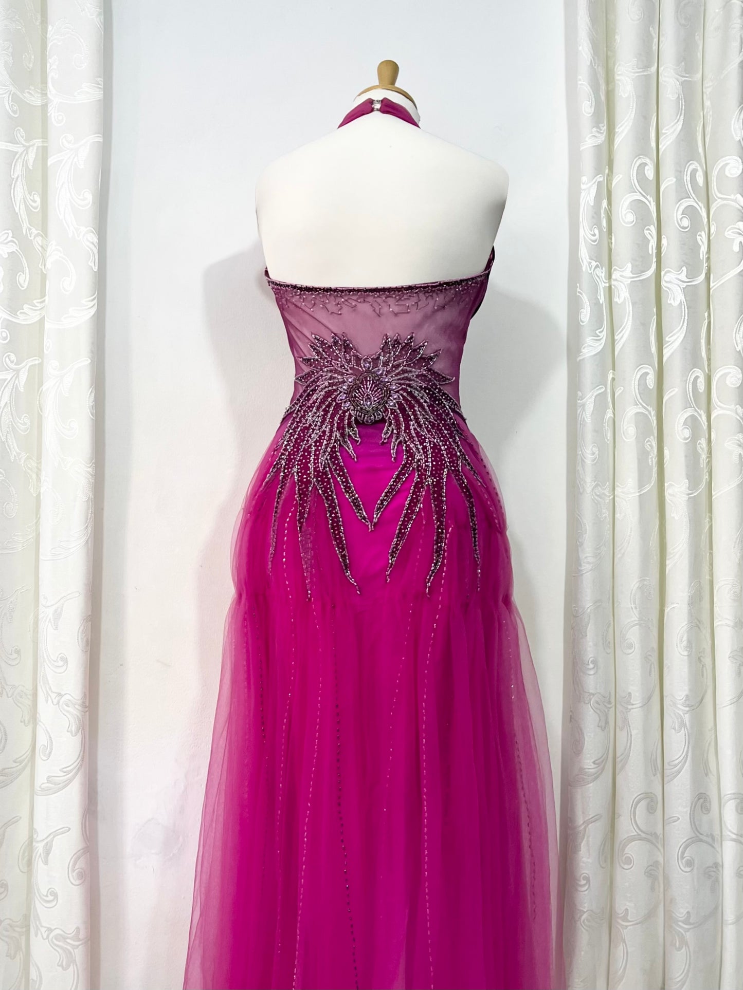 Magenta silk and chiffon dress with rhinestones and fine embroidered sequins