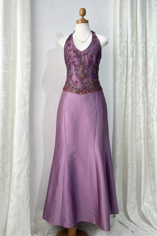 Mauve evening gown dress with embroidery embellishments