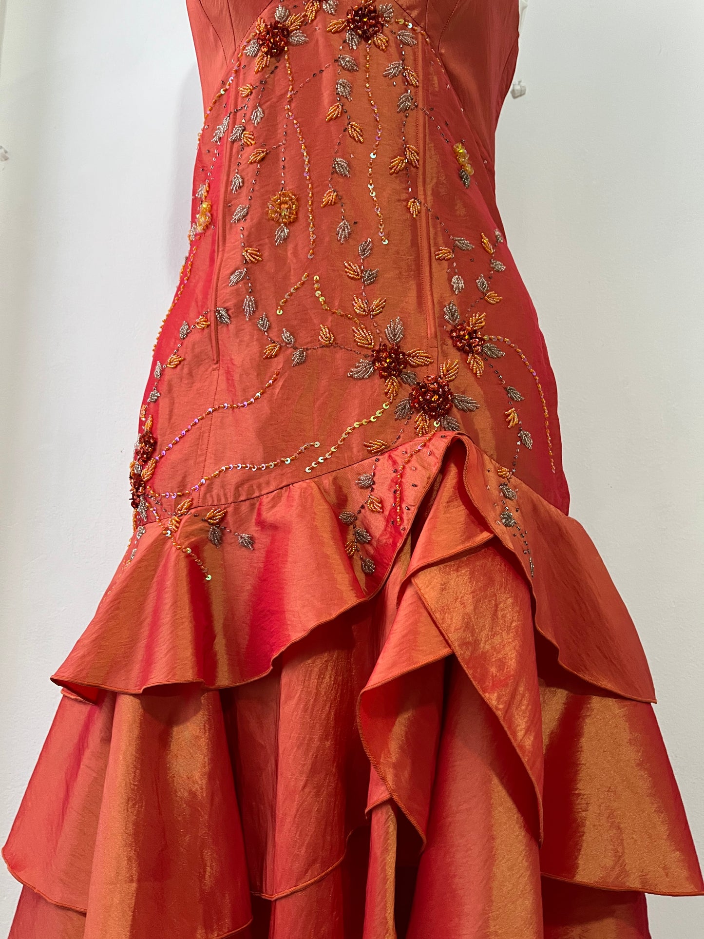Amber taffeta corset dress decorated with exquisite hand-embroidered beads-size L