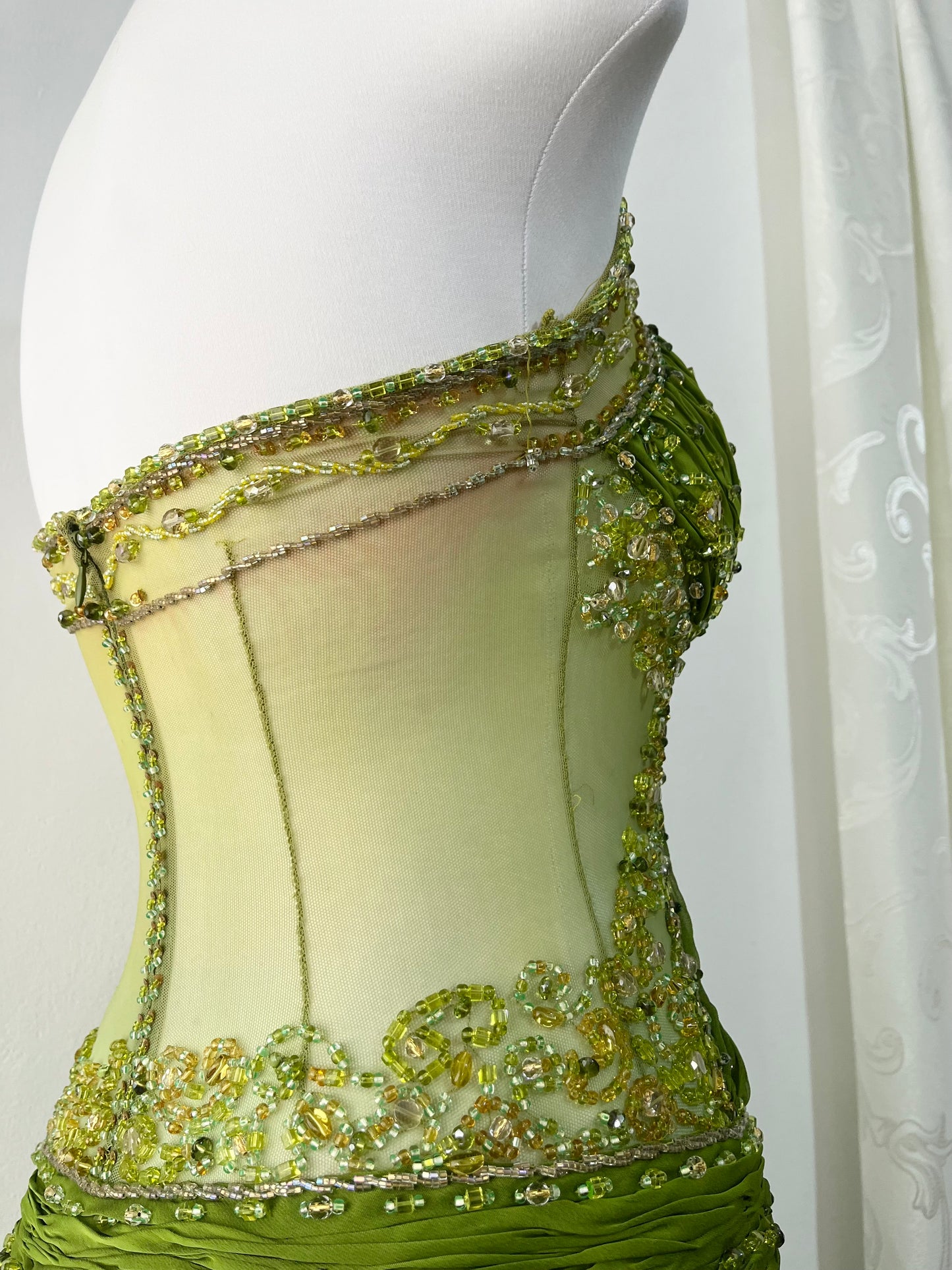 Dreamy fairy olive green dress with rhinestone and bead embroidery