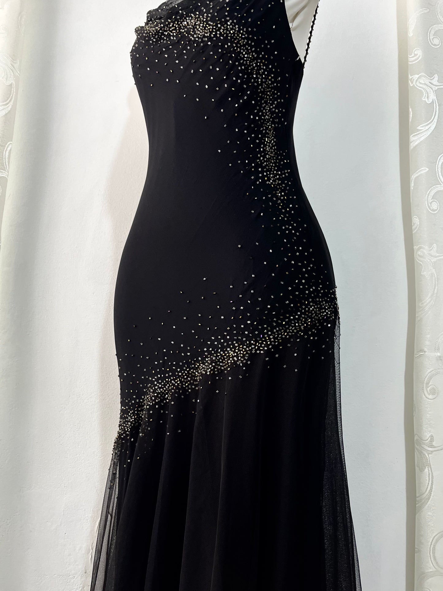 Silk noir dress with embroidered embellishments