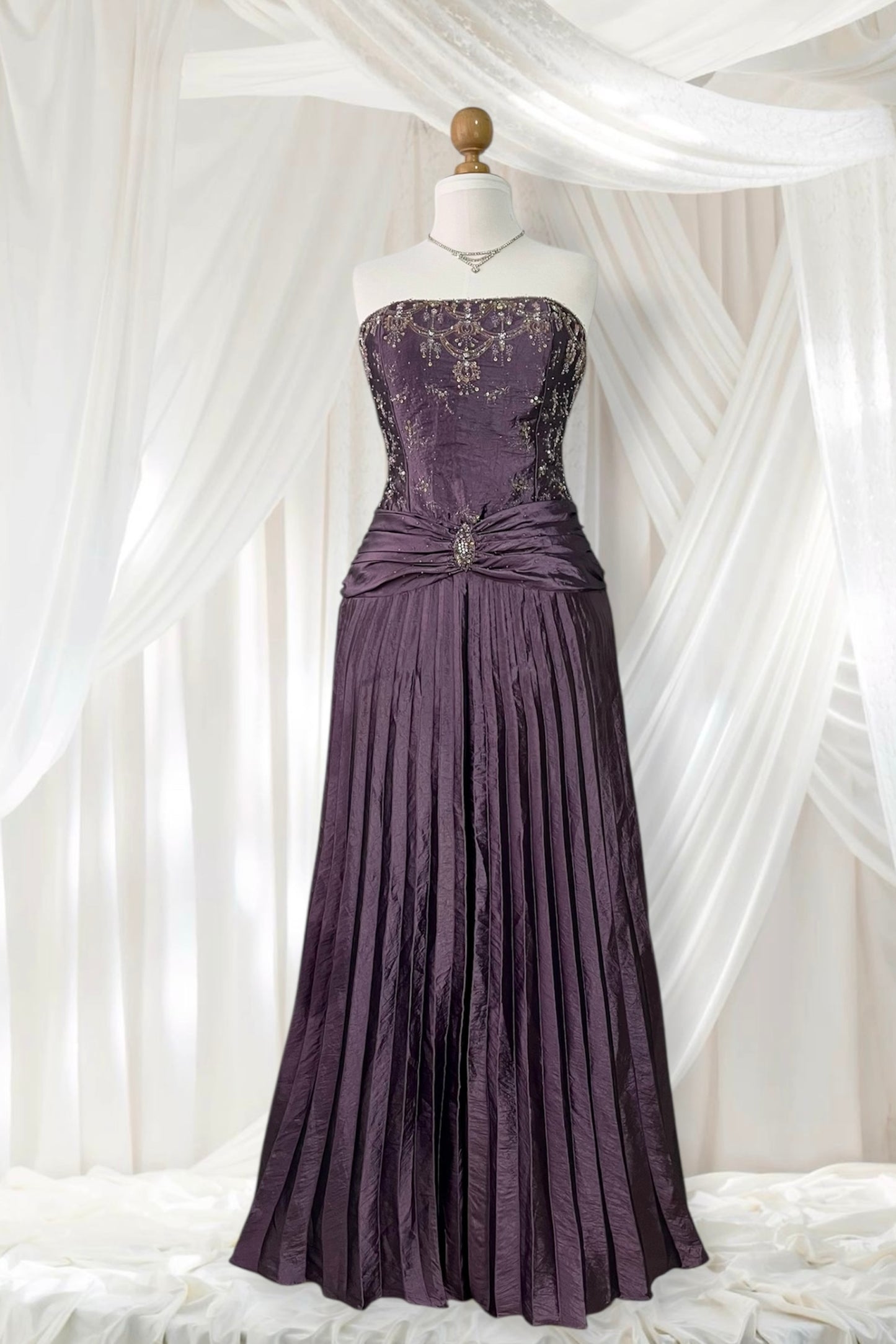 Vintage taffeta evening corset dress with hand embroidered embellishments and rhinestones