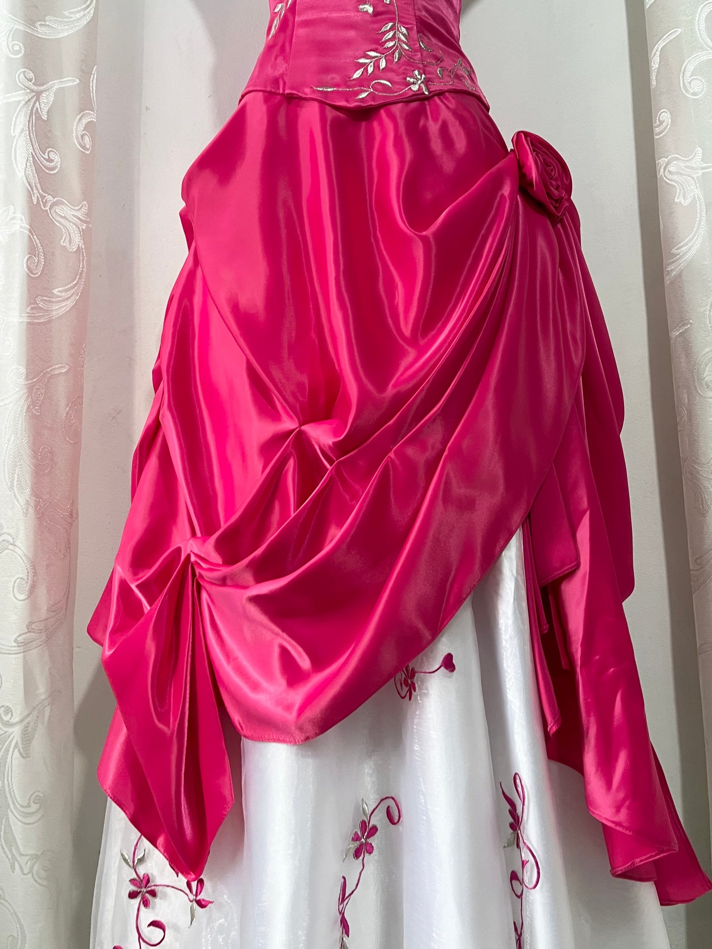Fuchsia corset princess dress with floral embroidery, satin silk skirt with pearly chiffon lining- size XS