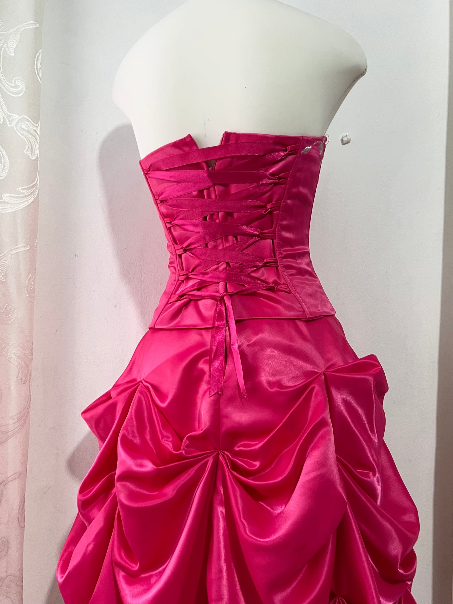 Fuchsia corset princess dress with floral embroidery, satin silk skirt with pearly chiffon lining- size XS
