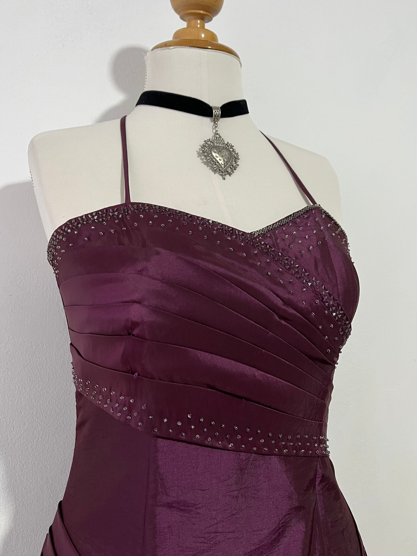 Iridescent wine purple taffeta corset dress with rhinestones and embroidered sequins- size M/L