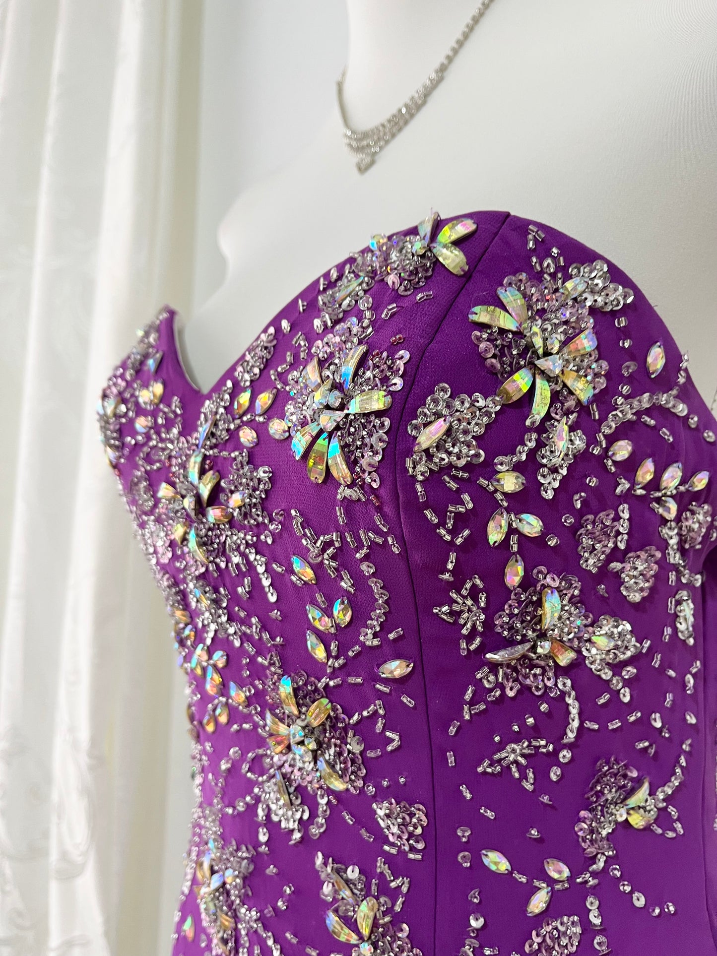 Amethyst purple dress with exquisite floral embroidery, rhinestones and embellishments-size S/M