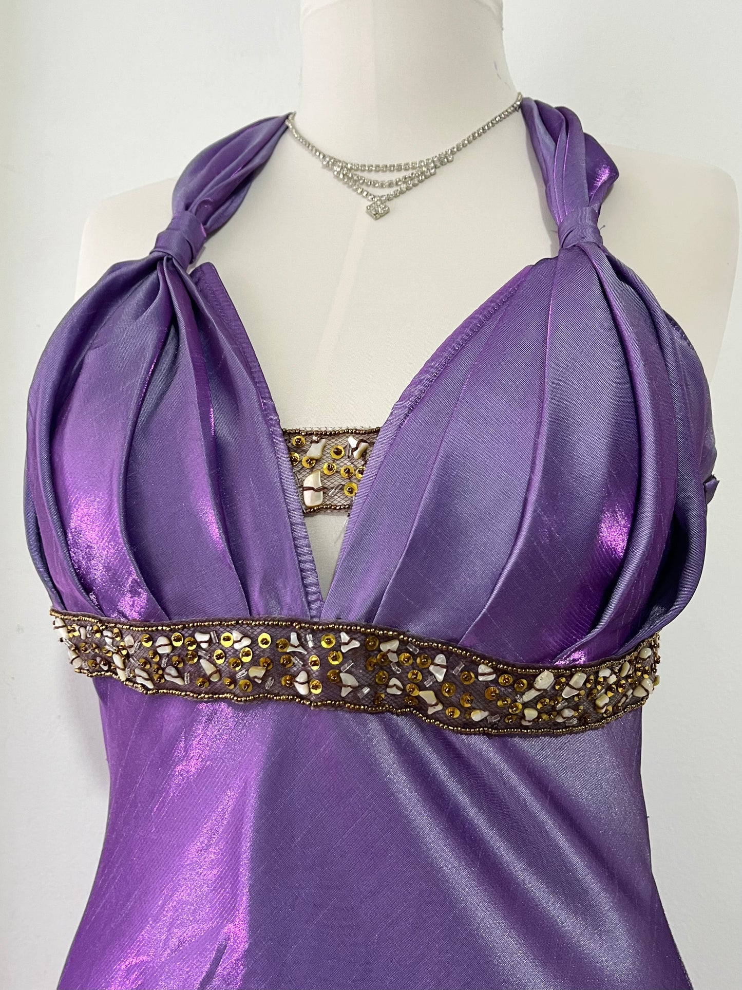 Iridescent purple gown with embellishments and hand embroidered rhinestones - Size M