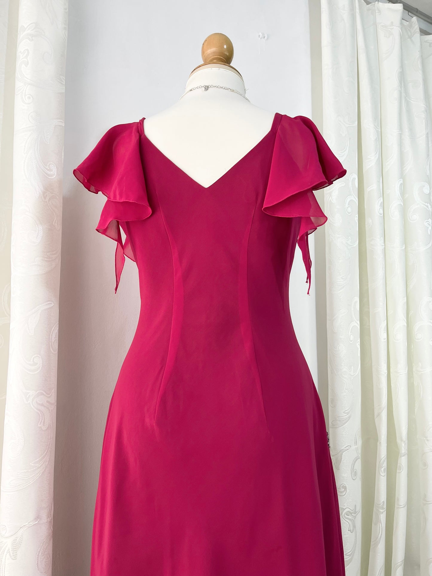 Fuchsia Midi Dress with Butterfly Sleeves and hand-embroidered rhinestone details- size XL