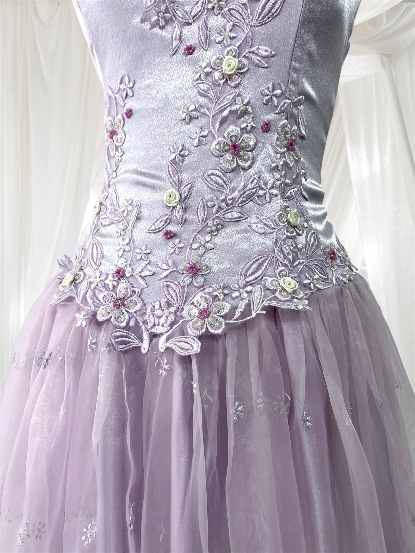 Lavender corset dress with floral embroidery