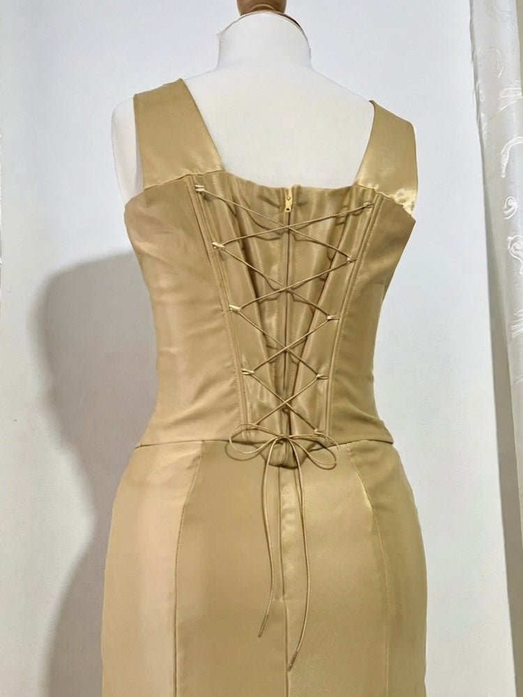 Champagne satin beaded set, 2 pieces, Corset & Maxiskirt - size M/L