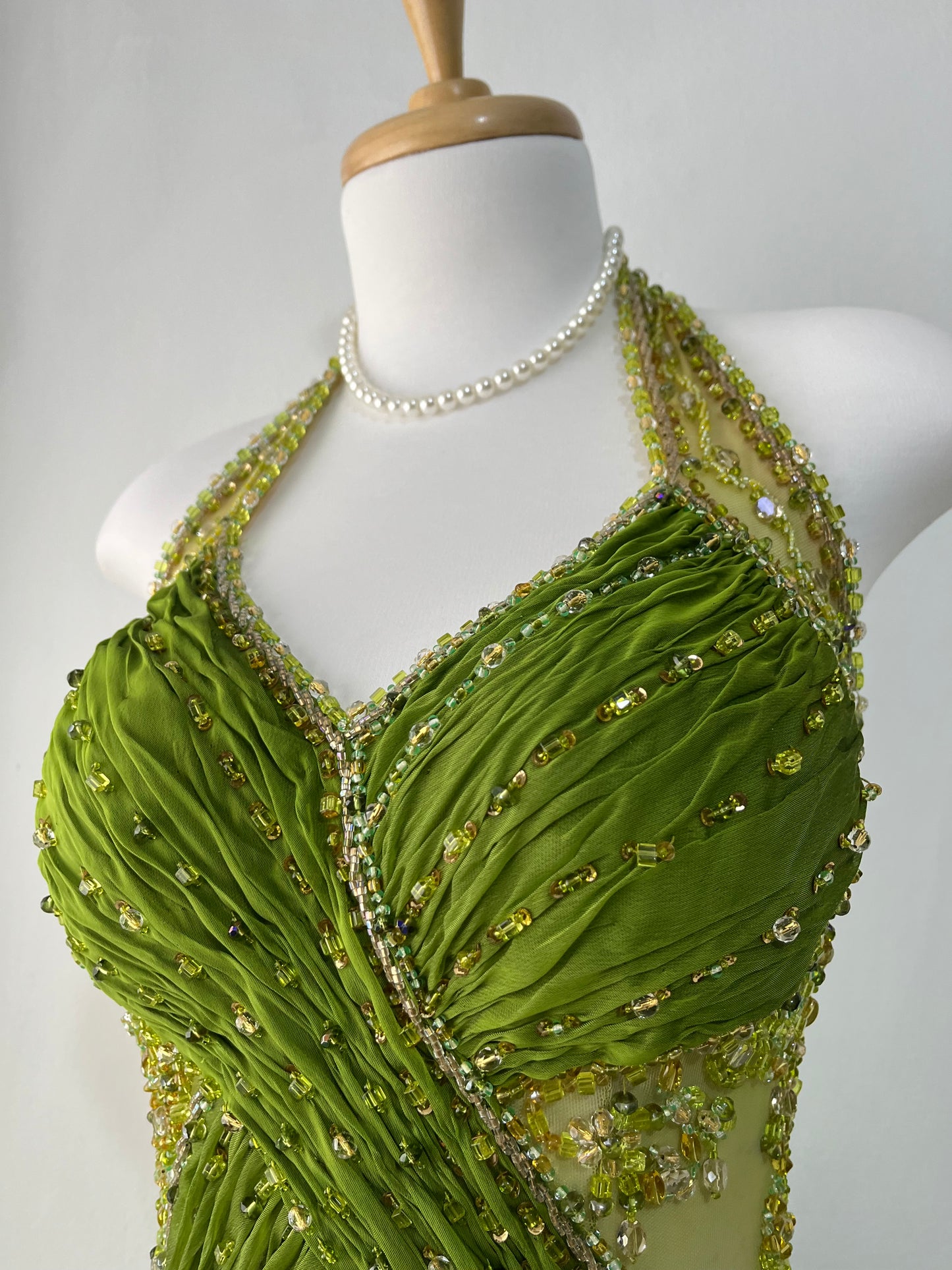 Dreamy fairy olive green dress with rhinestone and bead embroidery