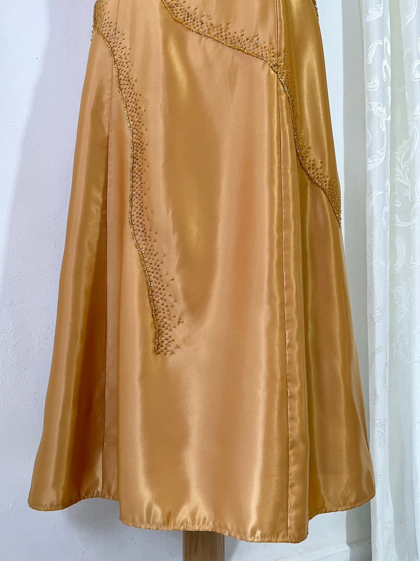 Honey yellow corset dress with hand embroidered rhinestones and beads-size L