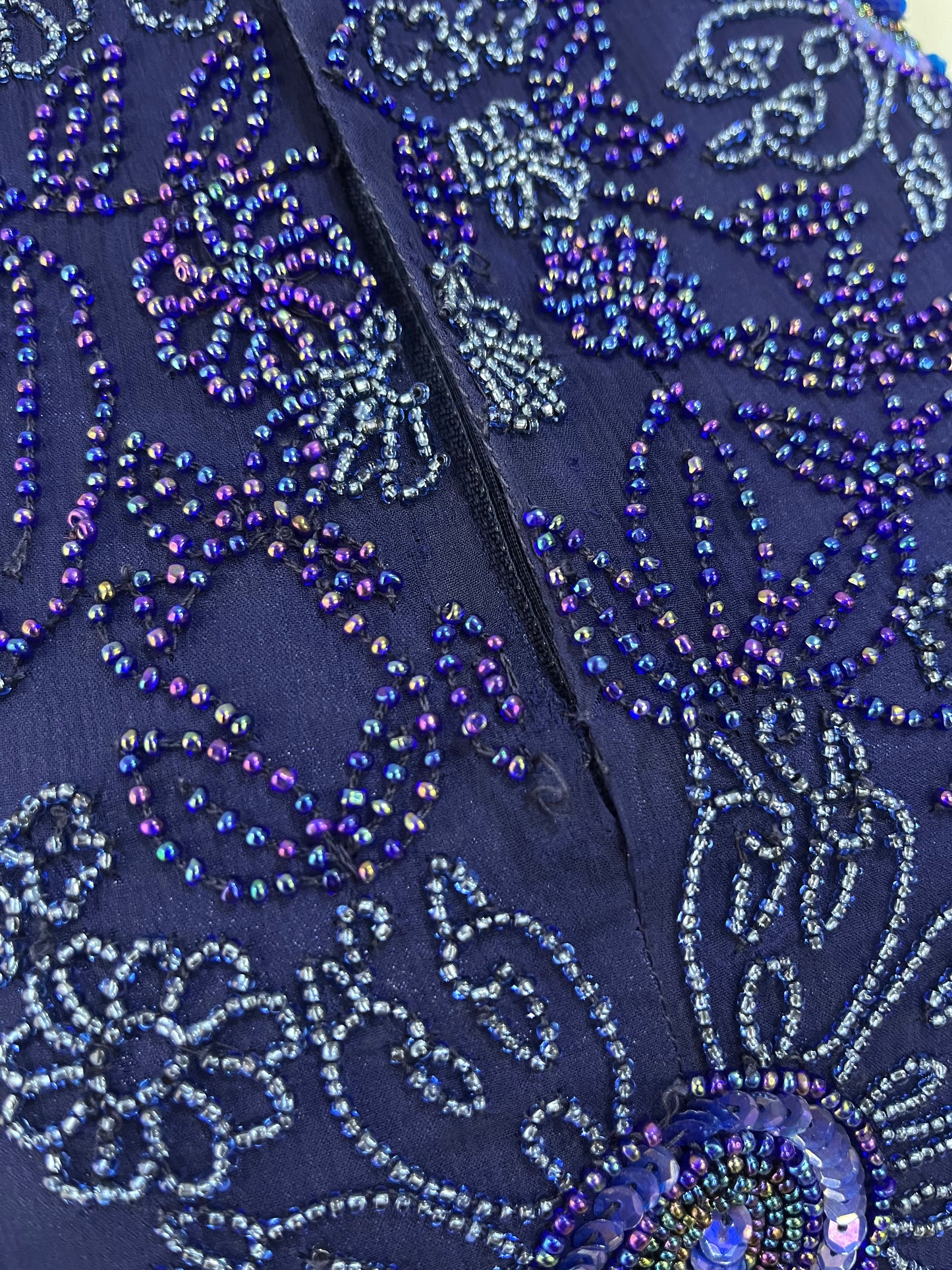 Navy silk mini dress with exquisite handmade raised floral embroidery-size S
