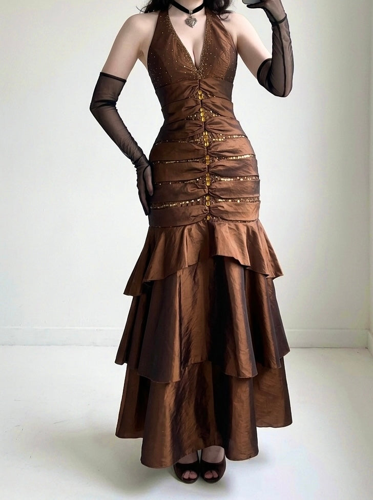 Shimmery brown corset dress with exquisite rhinestone embroidery and embellishments-size S