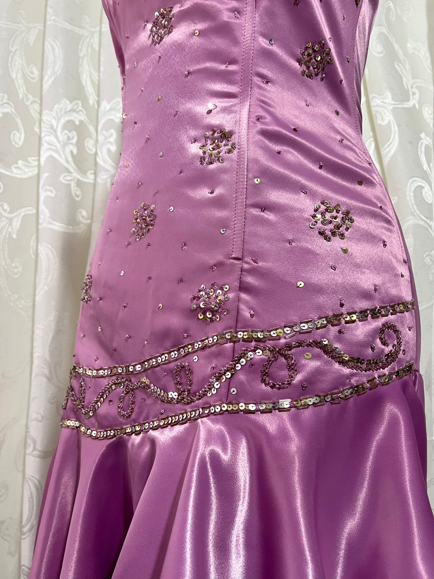 Asymmetrical midi corset dress in lilac pink satin with rhinestone and bead embroidery- size S