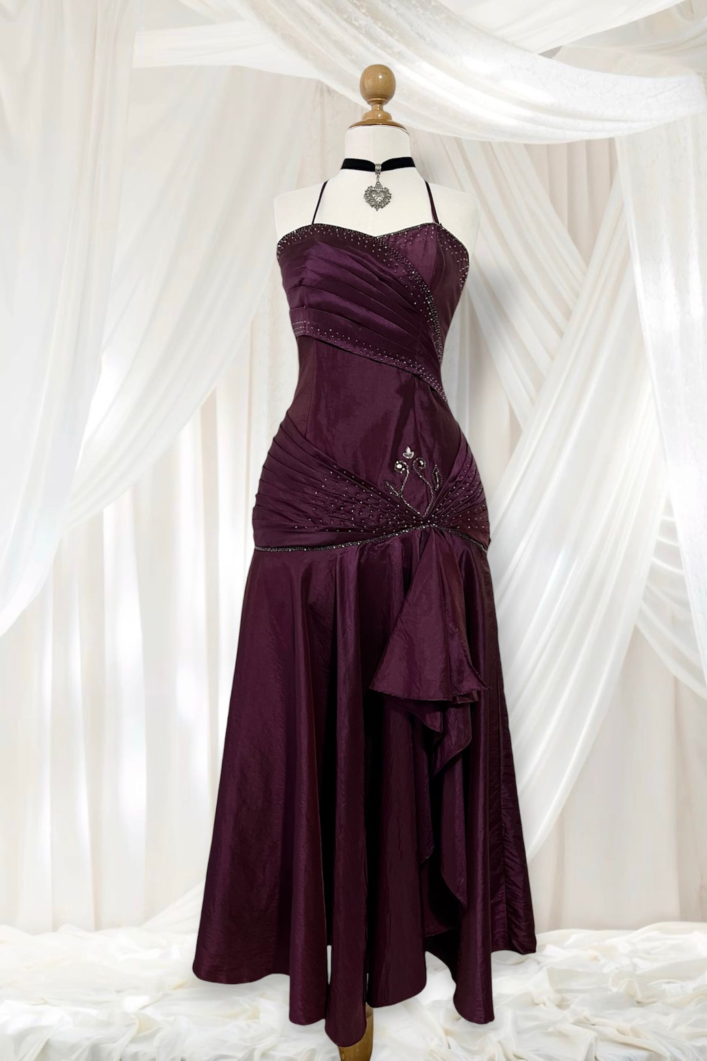 Iridescent wine purple taffeta corset dress with rhinestones and embroidered sequins- size M/L