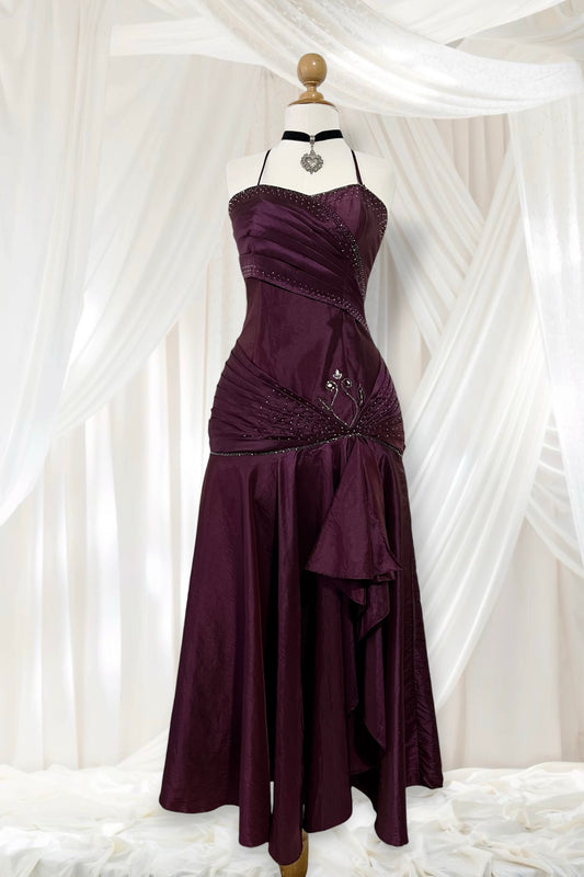 Iridescent wine purple taffeta corset dress with rhinestones and embroidered sequins- size M/L