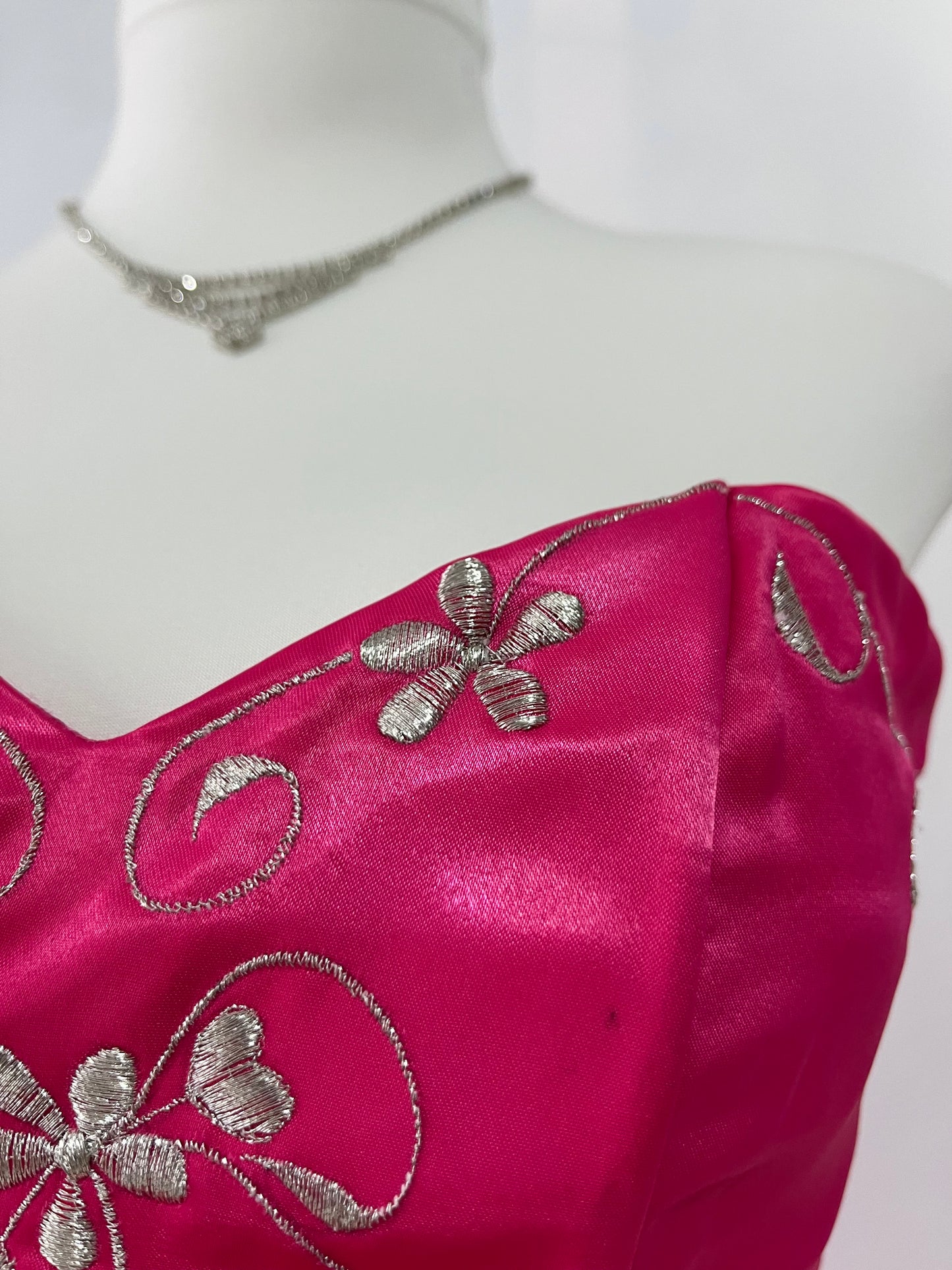 Fuchsia corset princess dress with floral embroidery, satin silk skirt with pearly chiffon lining- size XS