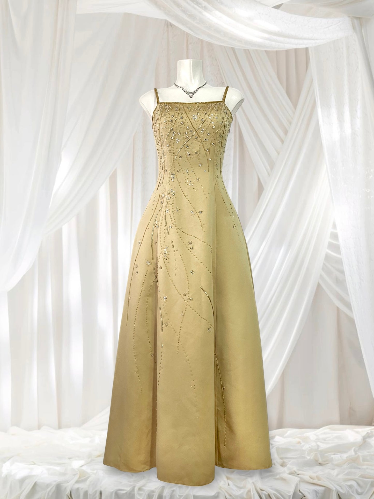 Champagne evening dress with exquisite handmade floral embroidery- size S