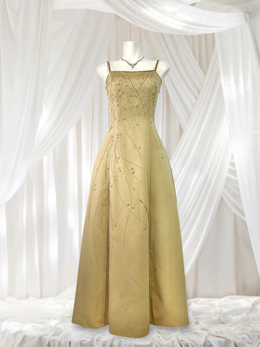 Champagne evening dress with exquisite handmade floral embroidery- size S