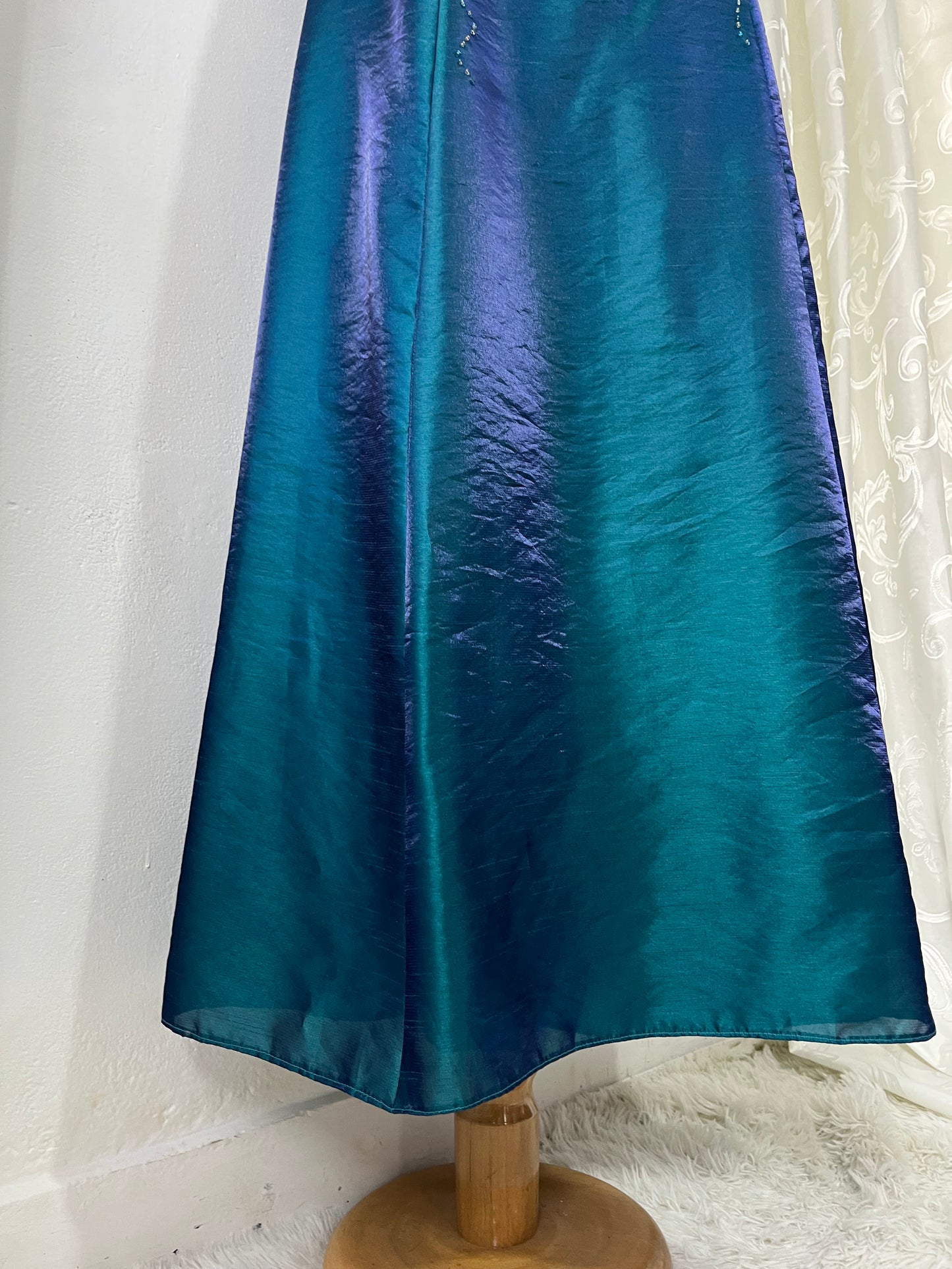 Iridescent teal corset dress with exquisite embellishments and hand-embroidered beads+ matching shawl