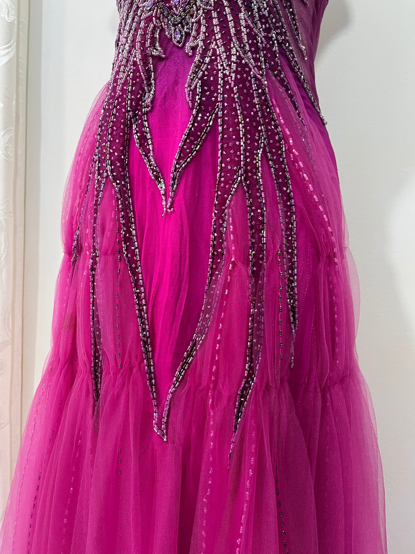 Magenta silk and chiffon dress with rhinestones and fine embroidered sequins