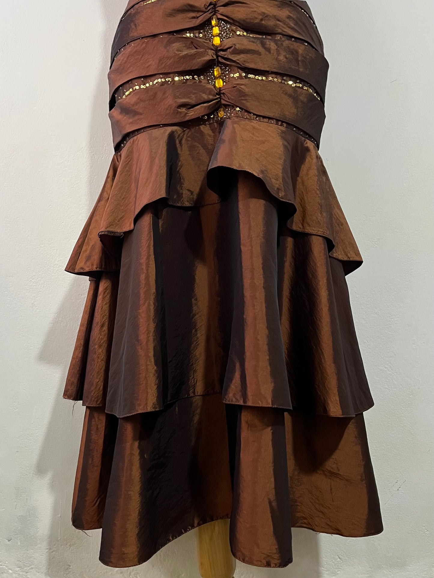 Shimmery brown corset dress with exquisite rhinestone embroidery and embellishments-size S