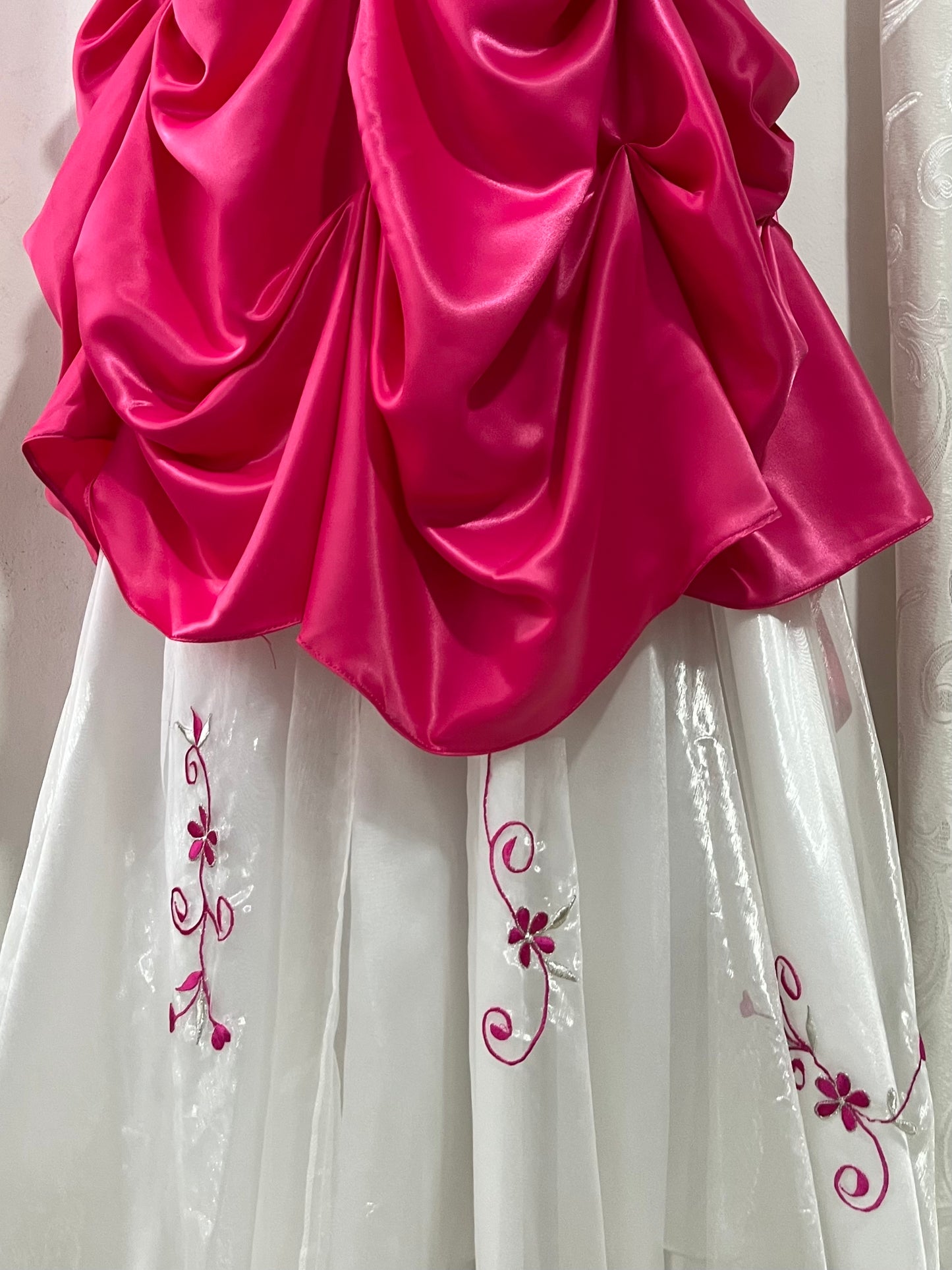 Fuchsia corset princess dress with floral embroidery, satin silk skirt with pearly chiffon lining- size XS