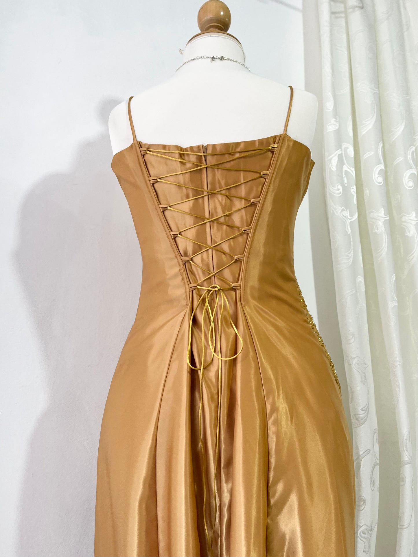 Honey yellow corset dress with hand embroidered rhinestones and beads-size L